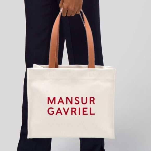 Mansur Gavriel Canvas with Leather Straps Logo Graphic Tote Bag - Picture 2 of 6